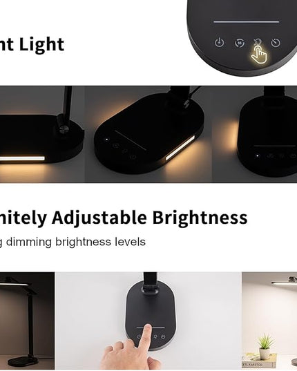 LED Desk Lamp Touch Desk Lamps with 5 Levels Brightness, Dimmable Office Reading Lamp with Adjustable Arm Foldable Table Desk Lamp for Bedroom Bedside Office Study, 3000-6500K(Black) - LeafyLoom