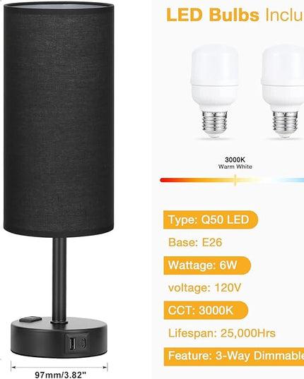 Black Touch Table Lamps Set - 3 Way Dimmable Bedroom Bedside Lamps Set of 2 with USB C and A Ports, Small Lamps for Nightstand with AC Outlet, Round Flaxen Shade for Desk, Office, Dorm, Nursery - LeafyLoom