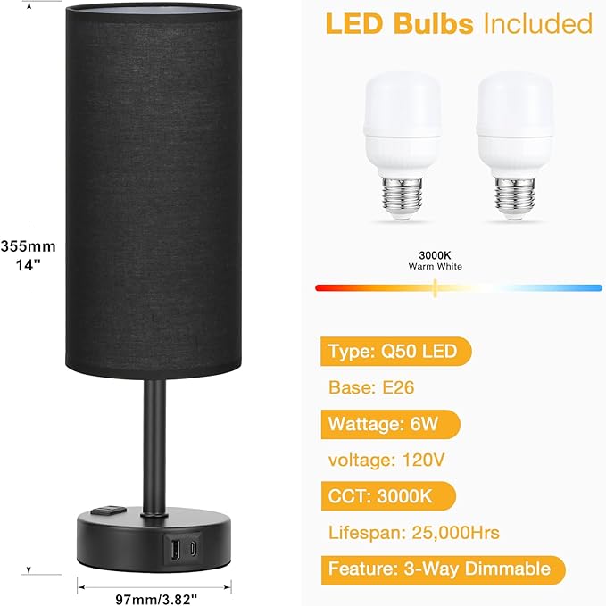Black Touch Table Lamps Set - 3 Way Dimmable Bedroom Bedside Lamps Set of 2 with USB C and A Ports, Small Lamps for Nightstand with AC Outlet, Round Flaxen Shade for Desk, Office, Dorm, Nursery - LeafyLoom