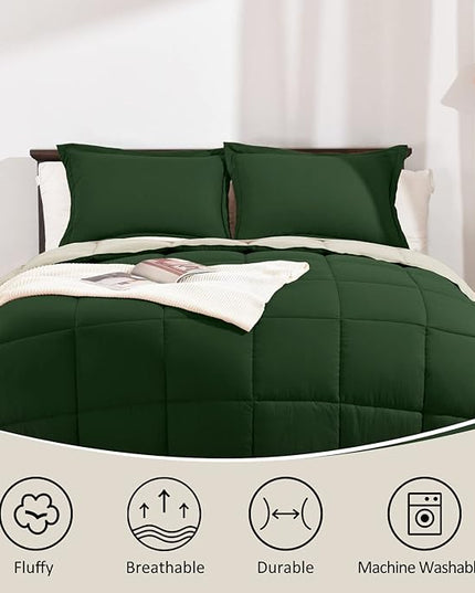 Basic Beyond Twin Comforter Set for Girls and Boys - Fluffy Twin Bed Comforter Set for All Seasons - Reversible Forest Green Comforter Set - 2 Pieces (1 Comforter + 1 Pillow Sham) - Forest Green/Ivory - LeafyLoom