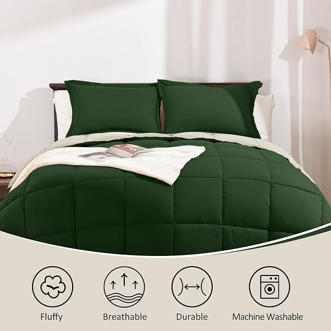 Basic Beyond Twin Comforter Set for Girls and Boys - Fluffy Twin Bed Comforter Set for All Seasons - Reversible Forest Green Comforter Set - 2 Pieces (1 Comforter + 1 Pillow Sham) - Forest Green/Ivory - LeafyLoom