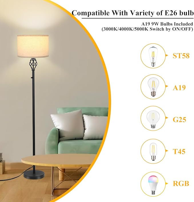 Floor Lamps for Living Room, Standing Lamp, Modern Floor lamp with Linen Shade, Rotary Switch, LED Bulb Included(10W 1000LM), Stepless Dimmable Floor Lamp for Bedroom, Reading Tall Lamp for Office - LeafyLoom