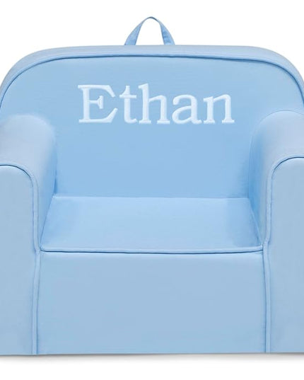 Delta Children Personalized Cozee Chair - Customize with Name – Foam Kids Chair for Ages 18 Months and Up, Powder Blue - LeafyLoom
