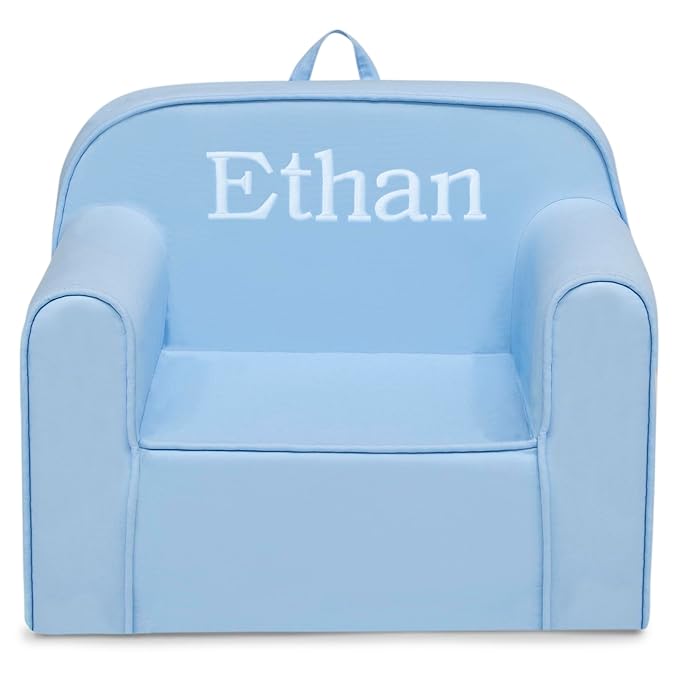 Delta Children Personalized Cozee Chair - Customize with Name – Foam Kids Chair for Ages 18 Months and Up, Powder Blue - LeafyLoom