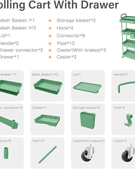 4 Tier Small Rolling Cart Organizer,Art Craft Diaper Bedside Snack Cart Laundry Room Bathroom Organizer Narrow Thin Slim Rolling Trolley Utility Cart with Wheels for Kitchen,Office(Green) - LeafyLoom