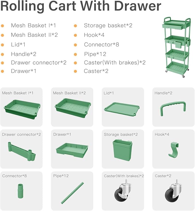 4 Tier Small Rolling Cart Organizer,Art Craft Diaper Bedside Snack Cart Laundry Room Bathroom Organizer Narrow Thin Slim Rolling Trolley Utility Cart with Wheels for Kitchen,Office(Green) - LeafyLoom