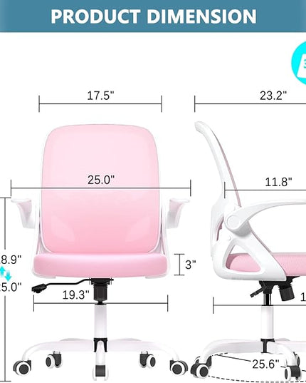 Office Desk Chair with Lumbar Support Ergonomic Mesh Office Chair with Wheels and Flip-up Armrests Adjustable Height Swivel Computer Chair for Home and Office (Pink) - LeafyLoom