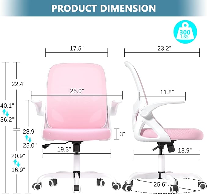 Office Desk Chair with Lumbar Support Ergonomic Mesh Office Chair with Wheels and Flip-up Armrests Adjustable Height Swivel Computer Chair for Home and Office (Pink) - LeafyLoom