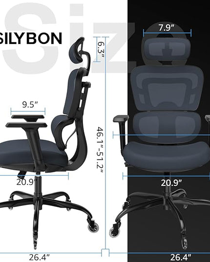 Ergonomic Office Chair - Mesh Office Chair High Back, Rolling Desk Chair, Executive Swivel Chair, Computer Chair with 3D Adjustable Armrest, 3D Lumbar Support, Blade Wheels, Adjustable Headrest - LeafyLoom