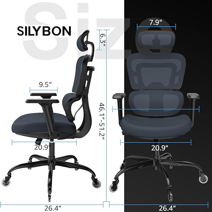 Ergonomic Office Chair - Mesh Office Chair High Back, Rolling Desk Chair, Executive Swivel Chair, Computer Chair with 3D Adjustable Armrest, 3D Lumbar Support, Blade Wheels, Adjustable Headrest - LeafyLoom