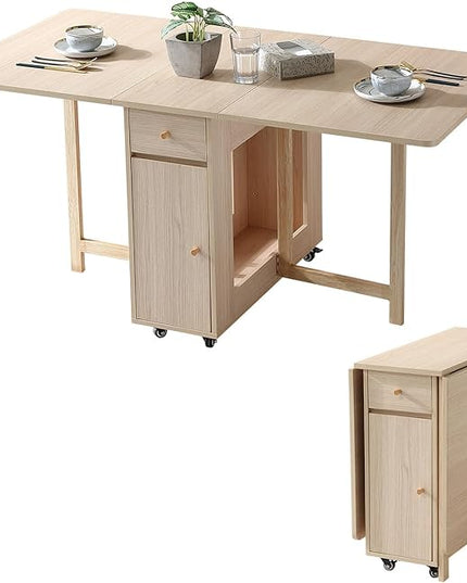 Extendable Drop Leaf Folding Dining Table with 2 Drawers and 4 Wheels for Living Room Kitchen Farmhouse Space Saving Table in Wood Color - LeafyLoom