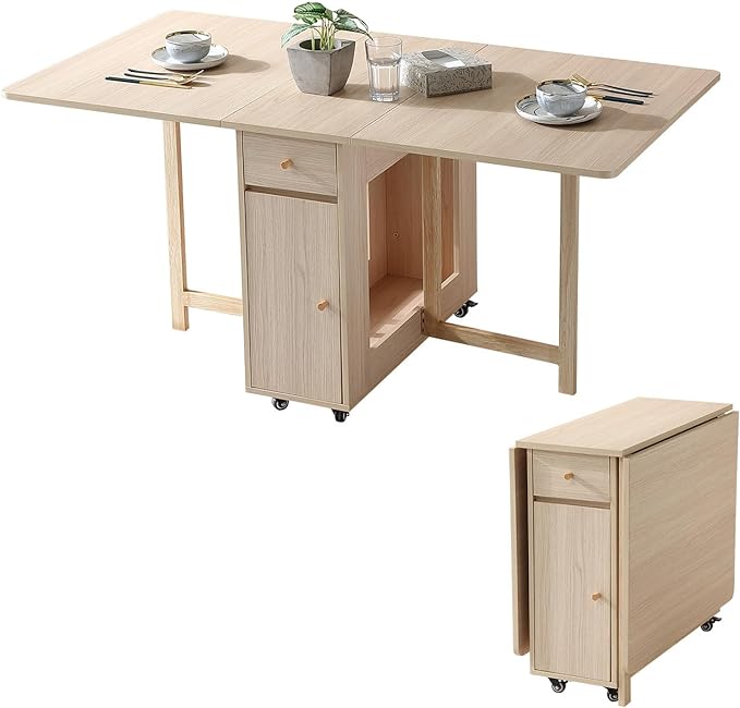 Extendable Drop Leaf Folding Dining Table with 2 Drawers and 4 Wheels for Living Room Kitchen Farmhouse Space Saving Table in Wood Color - LeafyLoom