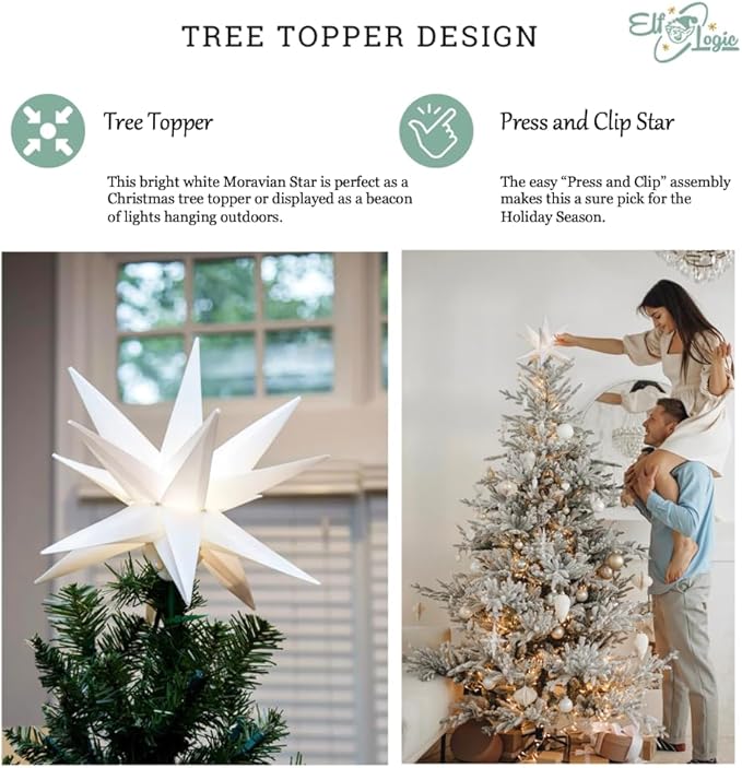 Elf Logic Large 18” Easy Assembly Warm White LED Moravian Star - Hanging Outdoor Christmas Light - Use as Holiday Decoration, Porch Light, 3D Fixture, Advent Star, Wedding & Ballroom Venue Decor - LeafyLoom