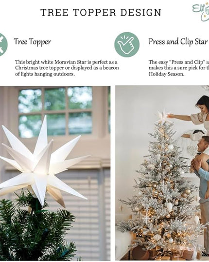 Elf Logic 18" Easy Assembly, Battery Timer White LED Moravian Star - Hanging Outdoor Christmas Star Light - Use as Holiday Decoration, Porch Light, Advent Star, Wedding and Ballroom Venue Decor - LeafyLoom