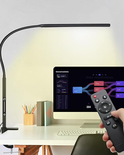LED Desk Lamp for Office Home, Remote Control Desk Light with Stepless Dimming Adjustable Flexible Gooseneck,Eye-caring Clip on Table Lamp with 4 Color Modes, Workbench Drafting Reading Study bedrooms - LeafyLoom
