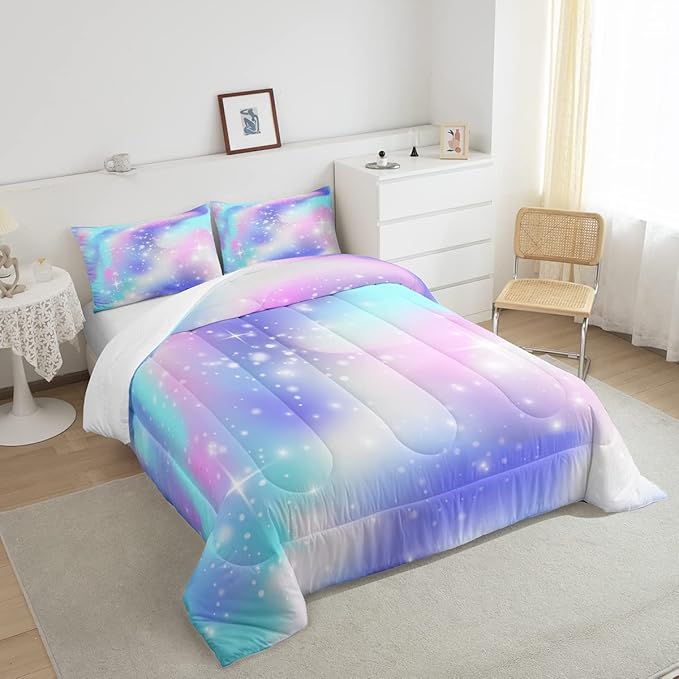 Erosebridal Ombre Comforter Rainbow Comforter Set Twin Tie Dye Galaxy Duvet Set Nebula Bedding Starry Sky Quilt Set Pastel Stars Glitter Bedding Set Purple Blue Bedroom Decorative Down Alternative - LeafyLoom