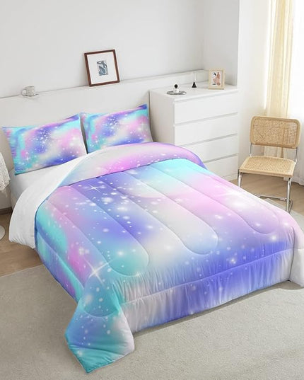 Erosebridal Ombre Comforter Rainbow Comforter Set Queen Tie Dye Galaxy Duvet Set Nebula Bedding Starry Sky Quilt Set Pastel Stars Glitter Bedding Set Purple Blue Bedroom Decorative Down Comforter - LeafyLoom