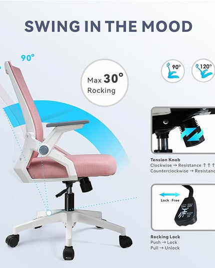 COMHOMA Office Chair with Flip-up Armrests Ergonomic Computer Desk Chair Foldable Mesh Task Chair with Wheels Adaptive Lumbar Support Swivel Tilt Comfortable Study Chair for Student, Pink - LeafyLoom