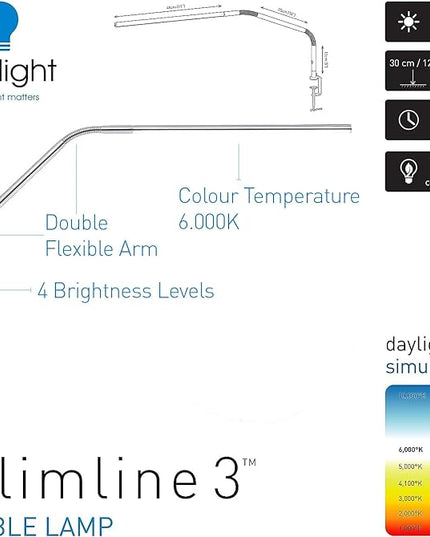 Daylight Company, LLC U35108 Slimline 3 Table Lamp-LED-80 CRI-Eye Care-4 Brightness Levels, 3,000 LUX at 30 cm, 1,065 LUMENS-4 Step DIMMER Mode, Brushed Steel, 25.6 x 30 x .8 - LeafyLoom