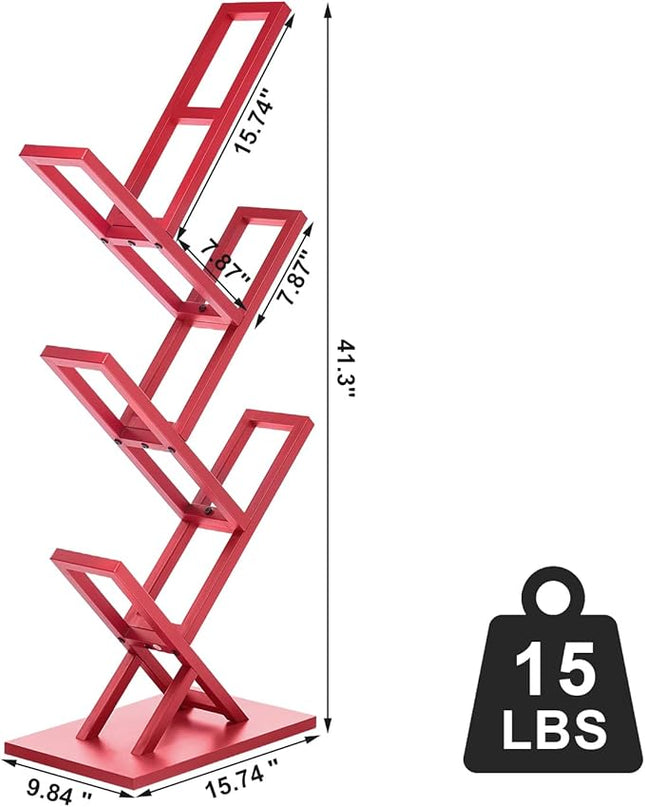 5 Tier Tree Bookshelf, Wisdom Tree Bookshelf, Modern Corner Book Shelfe, Small Bookshelf for Small Spaces, Utility Organizer for CDs/Books/Home Office/Living/Bedroom Room-Red - LeafyLoom
