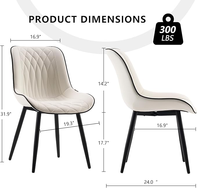 YOUNIKE White Dining Chairs set of 2 with High Backs Mid Century Modern Kitchen & Dining Room Chairs PU Faux Leather Upholstered sillas de comedor Comfortable Large Padded Accent Chair with Metal Legs - LeafyLoom