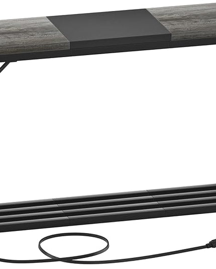 Narrow Console Table with Power Strips, Sofa Table with Storage Shelves for Living Room, 2-Tier Foyer Table for Entryway, Hallway, Behind Couch, Kitchen Counter, 39'', Grey Oak & Black - LeafyLoom