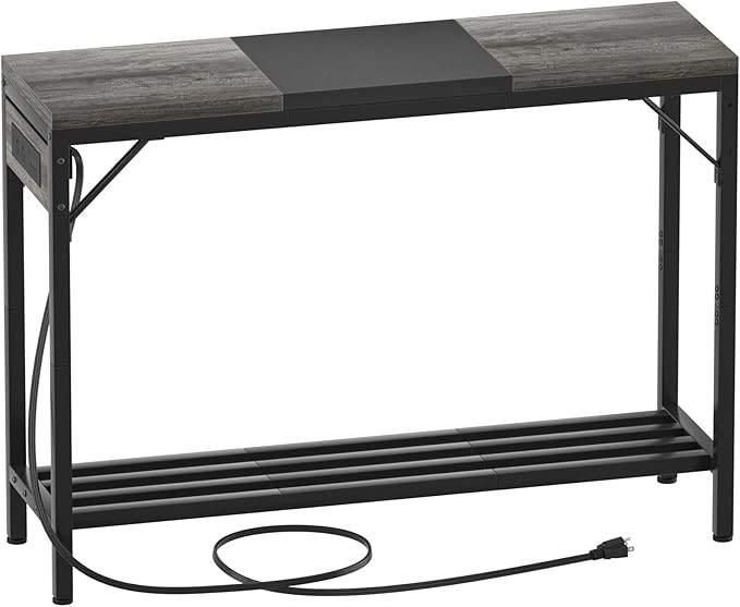 Narrow Console Table with Power Strips, Sofa Table with Storage Shelves for Living Room, 2-Tier Foyer Table for Entryway, Hallway, Behind Couch, Kitchen Counter, 39'', Grey Oak & Black - LeafyLoom