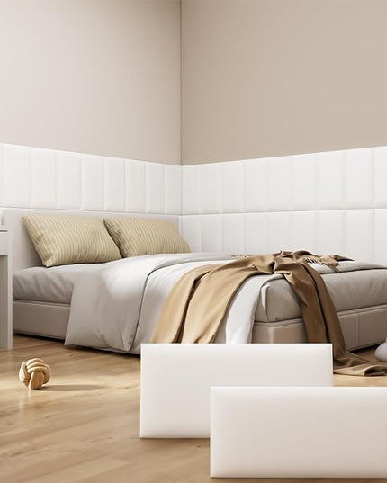 Peel and Stick Headboard White Upholstered Wall Panels, 10 Panels Sized 7.8" x 15.7", 3D Anti-Collision Soundproof Self-Adhesive Wall Panel for Bedroom，Living Room - LeafyLoom