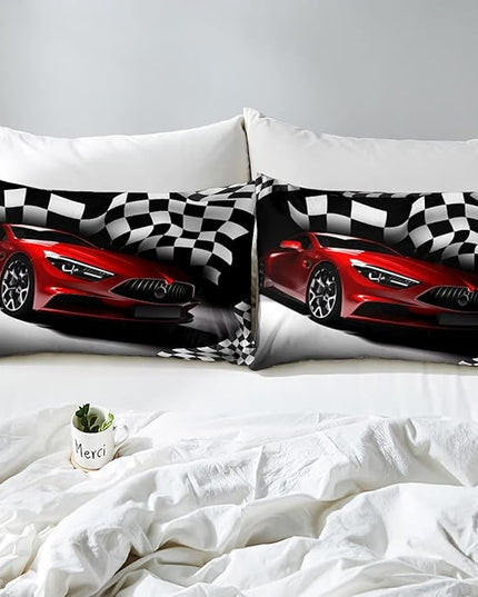 Erosebridal Race Car Bedding Set For Boys Queen Bed,Kids Teen Extreme Sports Car Comforter Set,Black White Checkered Grid Bed Comforter Set Retro Red Cool Vehicle Automobile Quilt Duvet 2 Pillow Cases - LeafyLoom