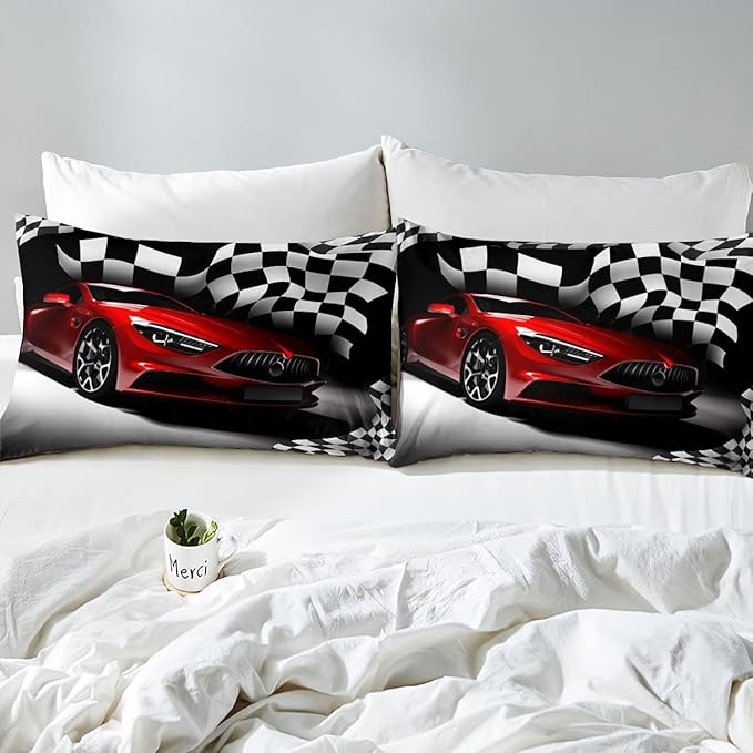 Erosebridal Race Car Bedding Set For Boys Queen Bed,Kids Teen Extreme Sports Car Comforter Set,Black White Checkered Grid Bed Comforter Set Retro Red Cool Vehicle Automobile Quilt Duvet 2 Pillow Cases - LeafyLoom