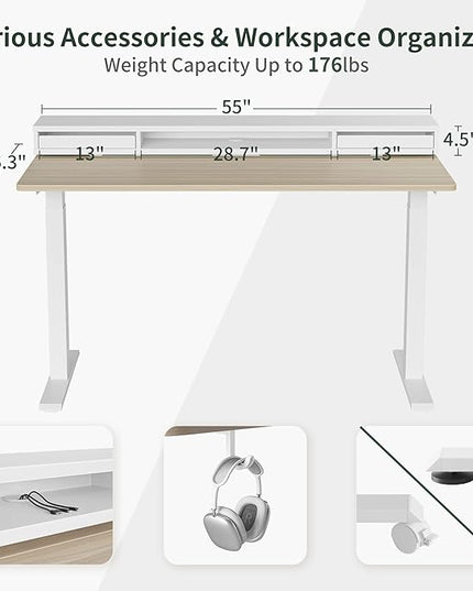 FEZIBO 55 × 26 Inch Electric Standing Desk with Monitor Stand, Height Adjustable Table with LED Strips, Ergonomic Home Office Desk with 2 Drawers Storage Gaming Workstation, Light Walnut - LeafyLoom