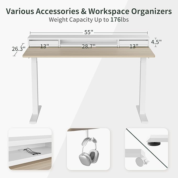 FEZIBO 55 × 26 Inch Electric Standing Desk with Monitor Stand, Height Adjustable Table with LED Strips, Ergonomic Home Office Desk with 2 Drawers Storage Gaming Workstation, Light Walnut - LeafyLoom