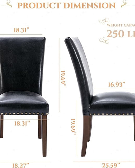 Parsons Dining Chairs Set of 2, Upholstered Nailhead PU Leather Dining Room Kitchen Side Chair with Thick Cushions and Wood Legs, Black - LeafyLoom