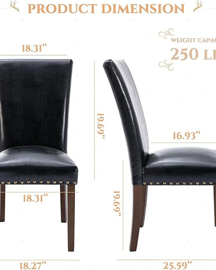 Parsons Dining Chairs Set of 4, Upholstered Nailhead PU Leather Dining Room Kitchen Side Chair with Thick Cushions and Wood Legs, Black - LeafyLoom