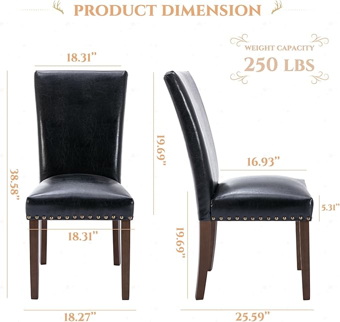 Parsons Dining Chairs Set of 4, Upholstered Nailhead PU Leather Dining Room Kitchen Side Chair with Thick Cushions and Wood Legs, Black - LeafyLoom