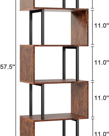 Furologee 6-Tier Bookshelf, Tall S-Shaped Geometric Bookcase, Industrial Freestanding Display Shelf Unit, Wood and Metal Decorative Room Divider for Living Room Bedroom, Home Office, Rustic Brown - LeafyLoom