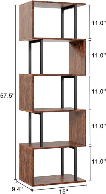 Furologee 6-Tier Bookshelf, Tall S-Shaped Geometric Bookcase, Industrial Freestanding Display Shelf Unit, Wood and Metal Decorative Room Divider for Living Room Bedroom, Home Office, Rustic Brown - LeafyLoom