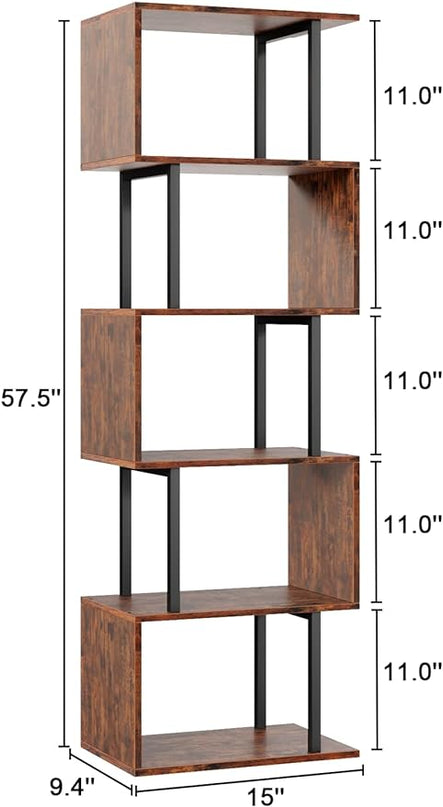 Furologee 6-Tier Bookshelf, Tall S-Shaped Geometric Bookcase, Industrial Freestanding Display Shelf Unit, Wood and Metal Decorative Room Divider for Living Room Bedroom, Home Office, Rustic Brown - LeafyLoom