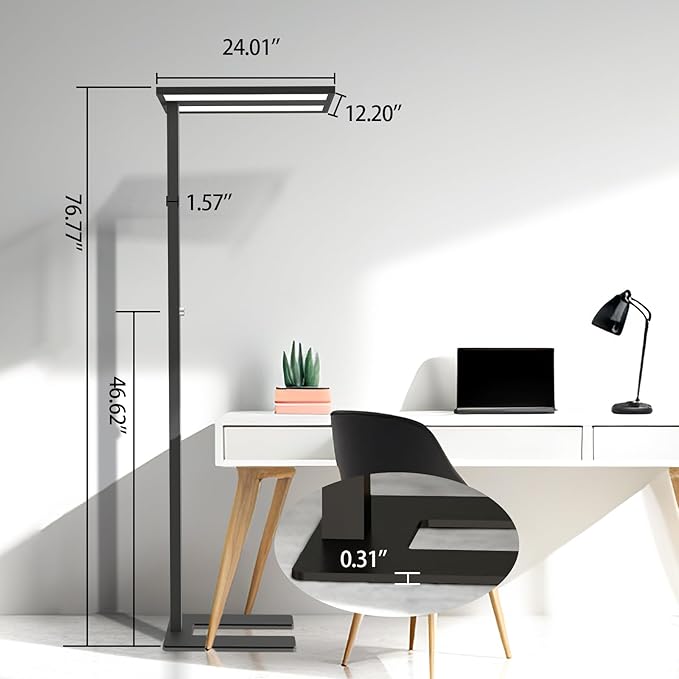STERREN Eye-Care Led Floor Lamp,76'' Tall Office Floor Lamp, 80W Black Modern Free-Standing Lamp,10000LM Bright Reading Lamp for Study Room,Living Room,Meeting Room,4000K - LeafyLoom