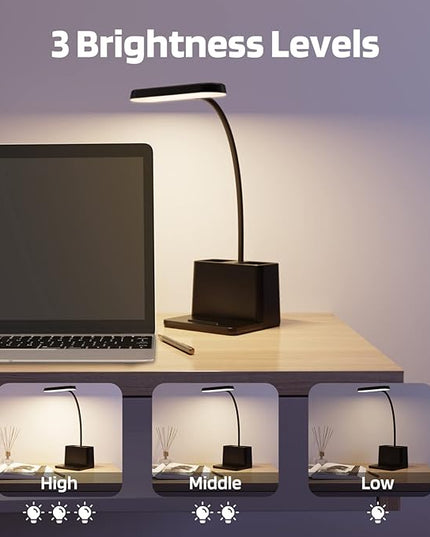 Battery Operated Desk Lamp, Small Desk Light for Home Office, Rechargeable Desktop Lamp, LED Portable Lamp with Adjustable Gooseneck, Black Study Reading Lamp for Kids - LeafyLoom