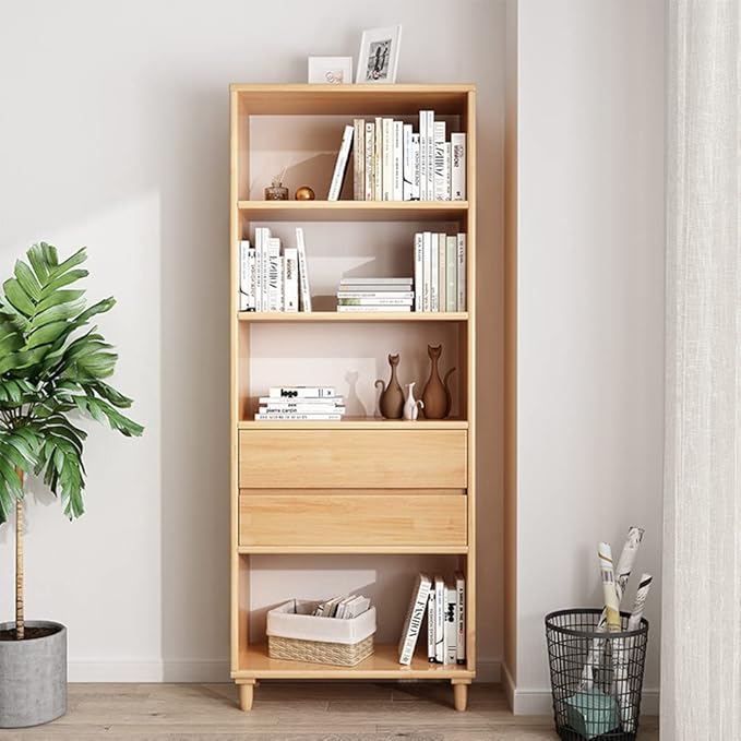 IOTXY Floorstanding Wooden Bookcase with Legs - 67" Tall Open Shelves Cube Billy Bookshelf with Drawers for Home and Office, Oak - LeafyLoom