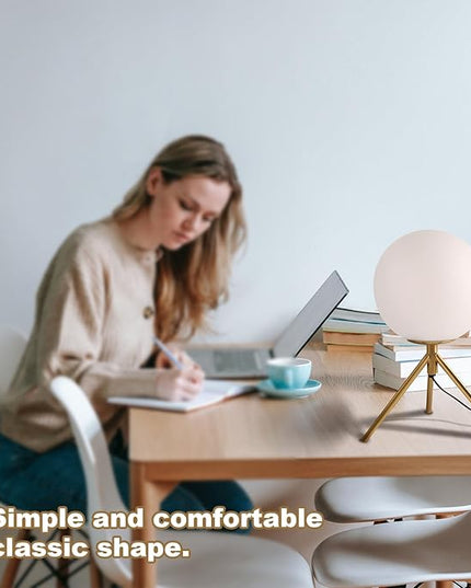Mid century modern desk lamp with a golden base and white glass ball lampshade, suitable for 3 tone lighting in bedside bedrooms, living rooms, offices, libraries, and study rooms - LeafyLoom