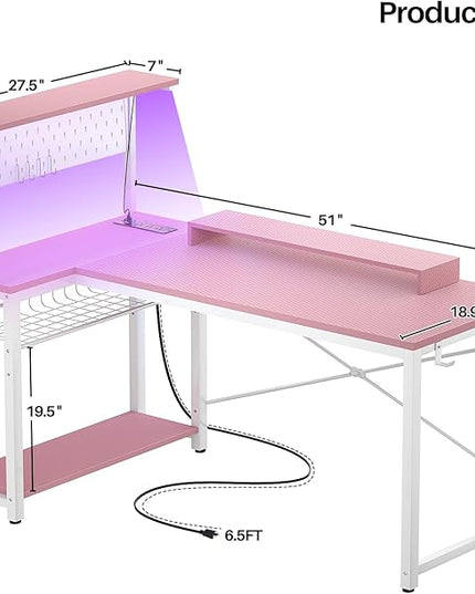 Homieasy Small Gaming Desk with Power Outlets Pegboard LED Light, 51 Inch L Shaped Computer Desk with Monitor Stand Storage Shelves, Reversible Corner Desk with Headset Hooks, Carbon Pink - LeafyLoom