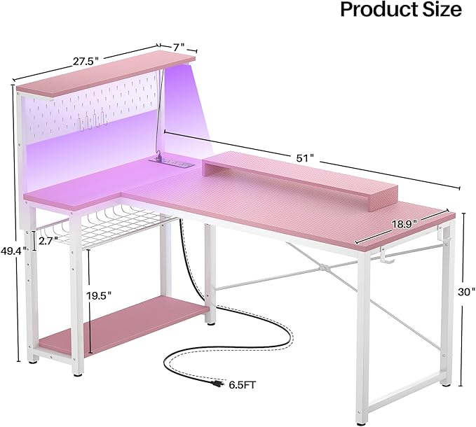 Homieasy Small Gaming Desk with Power Outlets Pegboard LED Light, 51 Inch L Shaped Computer Desk with Monitor Stand Storage Shelves, Reversible Corner Desk with Headset Hooks, Carbon Pink - LeafyLoom
