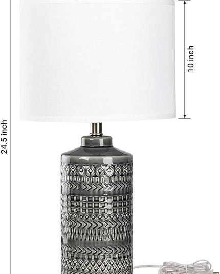Modern Ceramic Table Lamp, 24.5" Living Room Lamps 3-Way Dimmable Gray Nightstand Lamp with White Shade|Tall Bedside Lamp Desk Decor Lamps for Bedrooms Farmhouse Office End Table Lamps(Bulb Included) - LeafyLoom