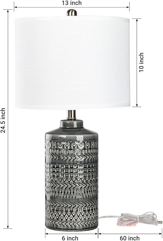 Modern Ceramic Table Lamp, 24.5" Living Room Lamps 3-Way Dimmable Gray Nightstand Lamp with White Shade|Tall Bedside Lamp Desk Decor Lamps for Bedrooms Farmhouse Office End Table Lamps(Bulb Included) - LeafyLoom