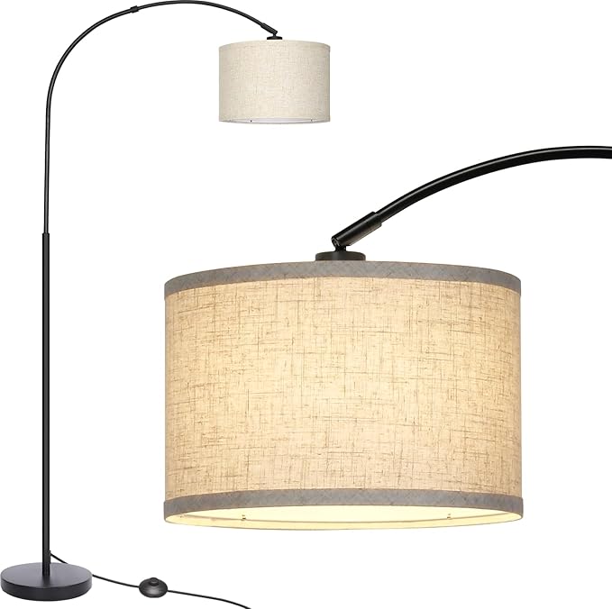 Arc Floor Lamps for Living Room, Modern Standing Lamp with Adjustable Hanging Drum Shade, Tall Pole Lamp with Foot Switch, Over Couch Arched Reading Light for Bedroom, Office (Black) - LeafyLoom