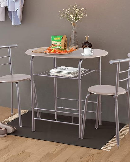 DORTALA 3PCS Dining Table Set, 1 table & 2 chairs set, 3 Piece Compact Dining Set, Oval Table & Mid-back Chairs w/Built-in Wine Rack, Suitable for Small Space, Silver & Natural - LeafyLoom