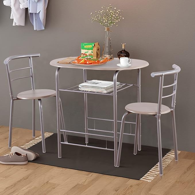 DORTALA 3PCS Dining Table Set, 1 table & 2 chairs set, 3 Piece Compact Dining Set, Oval Table & Mid-back Chairs w/Built-in Wine Rack, Suitable for Small Space, Silver & Natural - LeafyLoom