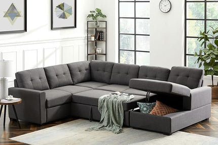 LOVMOR Living Room U Shape Large Sectional Sofa with Pull Out Sleeper Bed, Storage Chaise, Corner Couch with Arms and 2 Cup Holder for Home Furniture, Apartment, Dorm, Dark Gray, 90 Inch - LeafyLoom